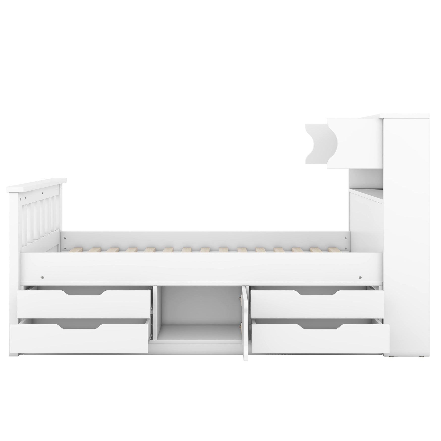 Cadre de lit double blanc eprolo avec rangements, étagères, livres et quatre tiroirs, style plateforme et capitonné.