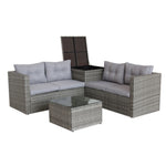 Ensemble de mobilier de jardin en rotin gris, canapé sectionnel 4 pièces avec coffre de rangement, idéal pour l’extérieur.