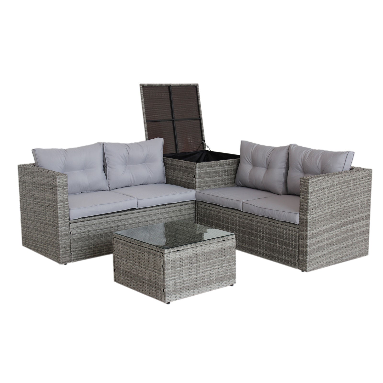 Ensemble de mobilier de jardin en rotin gris, canapé sectionnel 4 pièces avec coffre de rangement, idéal pour l’extérieur.