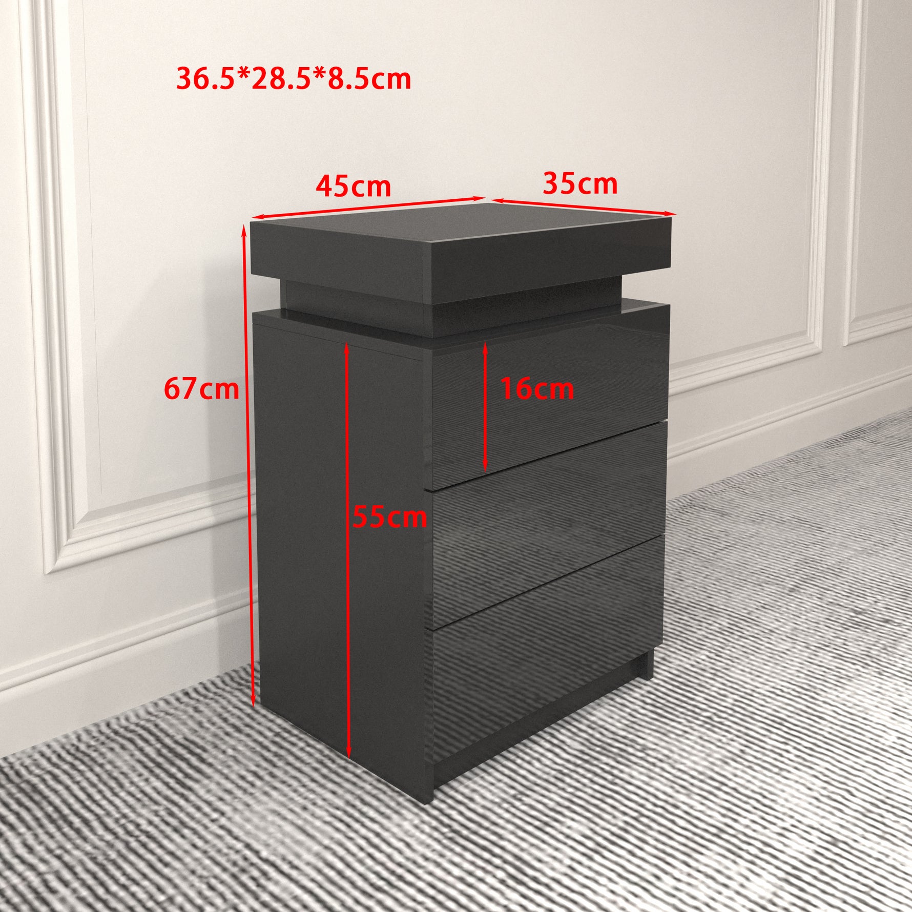 Nuit noire LED eprolo, table de chevet moderne avec éclairage LED intégré, surface en bois foncé et design élégant.
