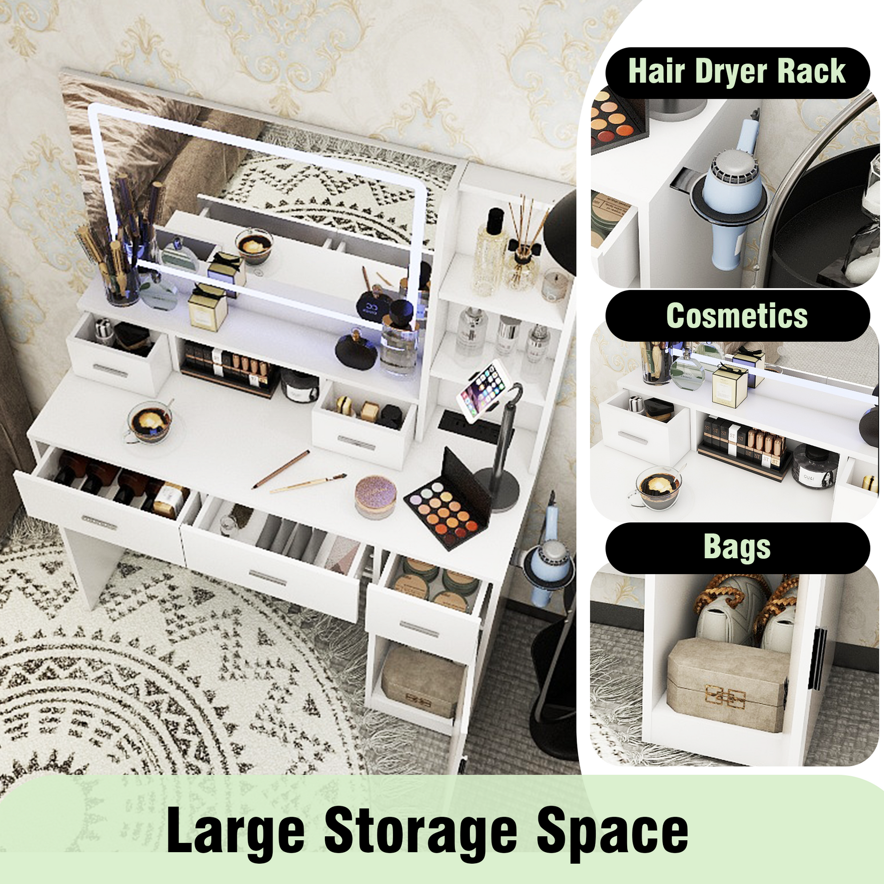 Miroir intelligent avec tiroirs et armoires de rangement, table de maquillage eprolo pour chambre à coucher.