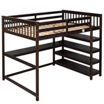 Lit mezzanine pleine taille eprolo avec rangements, étagères et bureau intégré sous le lit, finition espresso.