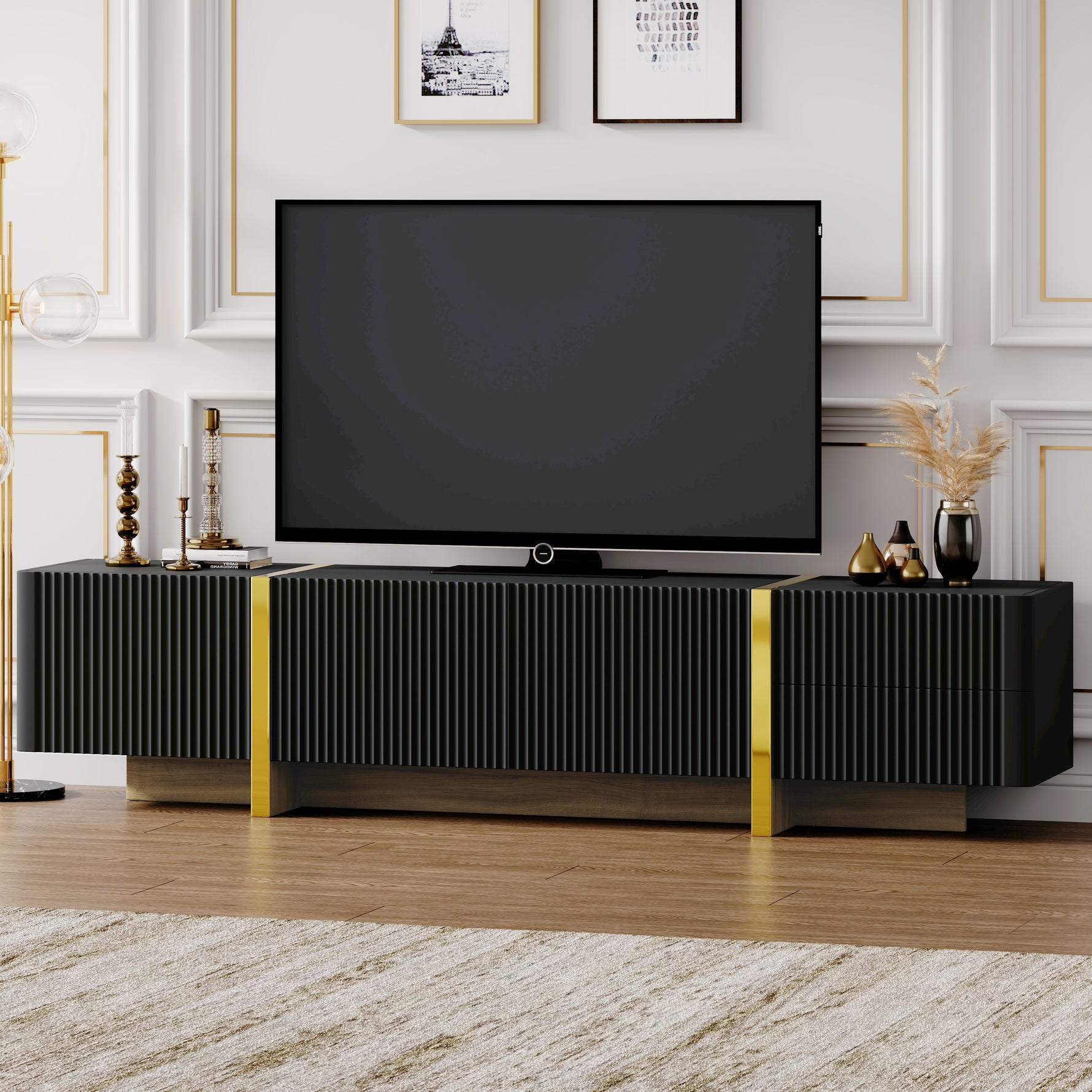Meuble TV de luxe noir eprolo pour téléviseurs jusqu'à 80 '', avec rangements et tiroirs, design moderne et élégant.