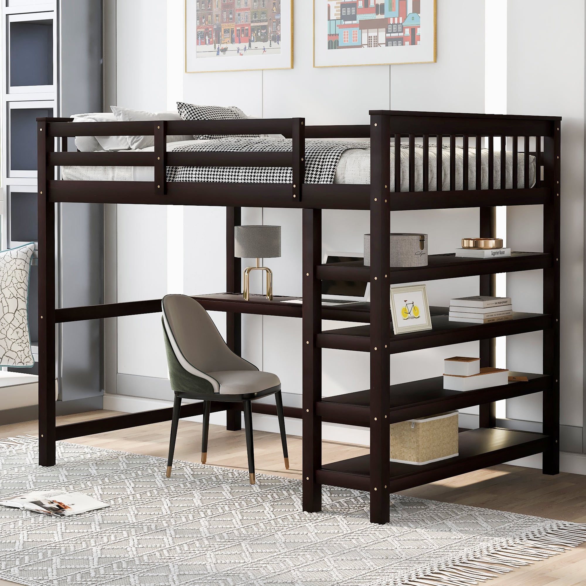 Lit mezzanine pleine taille eprolo avec rangements intégrés, bureau sous le lit en bois espresso, espace de sommeil et travail compact.