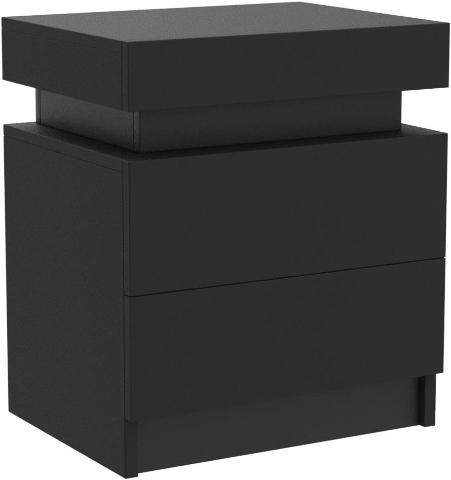 chevet moderne noir LED eprolo avec tiroirs, design élégant et éclairage intégré, vue de face sur le produit