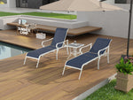 Set de 3 chaises extérieures eprolo en acier avec dossiers réglables, blanc et bleu, pour terrasse et jardin.