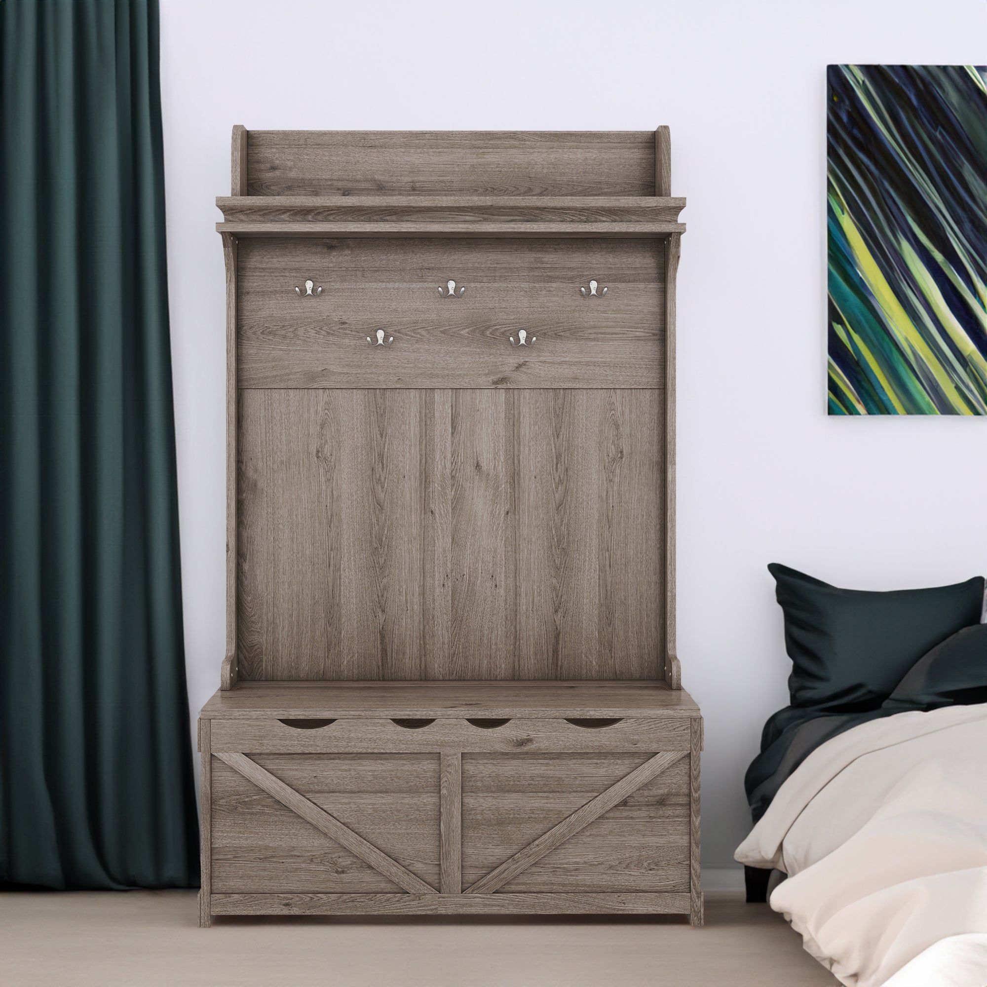 Armoire d'entrée en chêne avec bureau de rangement, 5 crochets, tiroirs et étagère, par eprolo