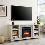 Meuble TV blanc avec cheminée électrique en pierre, espace de rangement ouvert et insert de 18 pouces, par eprolo.