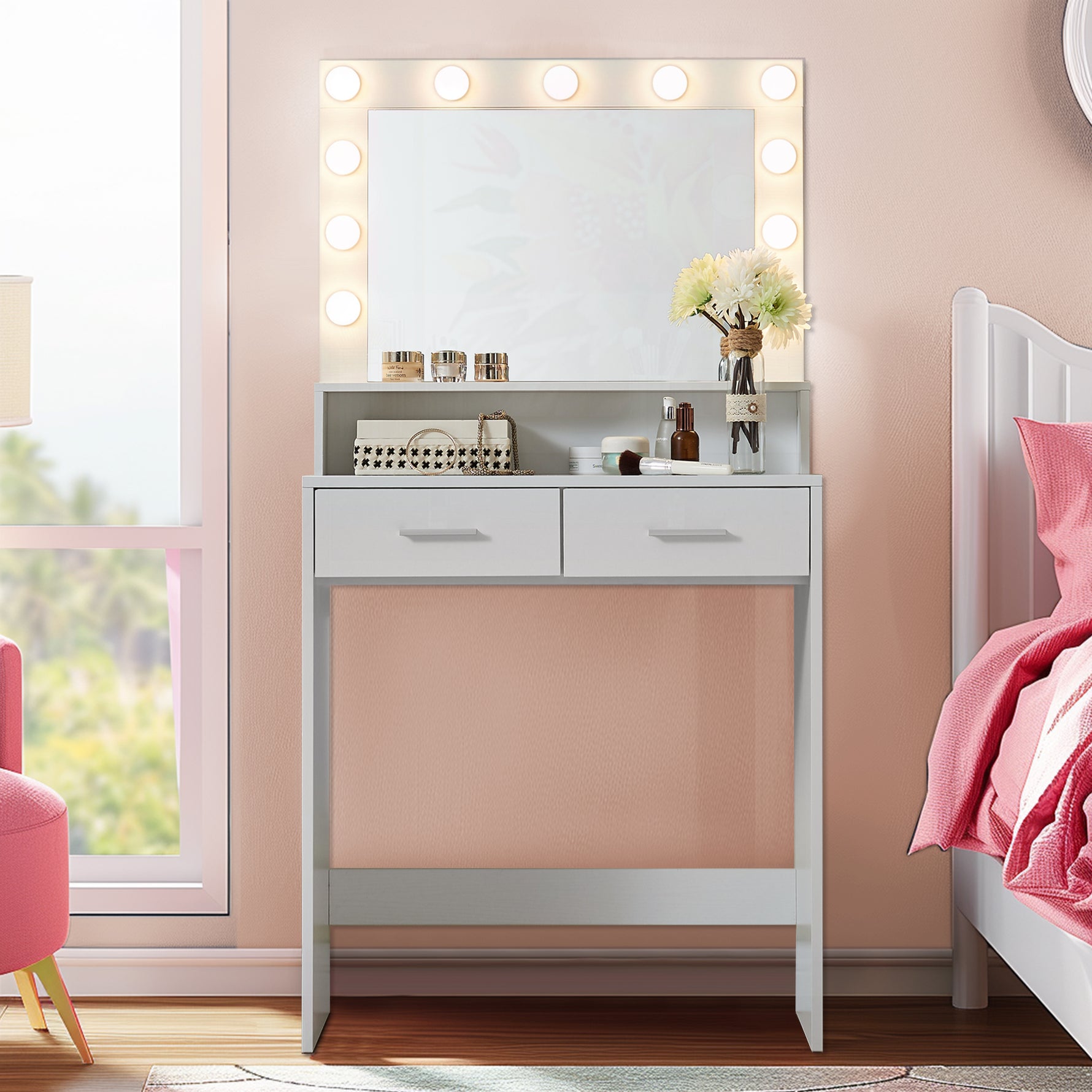Bureau de maquillage avec miroir et lumières de la marque eprolo, surface blanche, design élégant et fonctionnel pour la chambre.