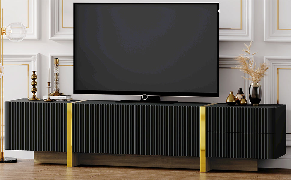 Meuble TV moderne eprolo noir avec rangements, pour téléviseurs jusqu’à 80 pouces, design élégant avec armoires et tiroirs.