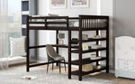 Lit mezzanine pleine taille eprolo avec rangements, étagères intégrées et bureau sous le lit, finition espresso.