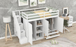 Literie functional en blanc avec lit mezzanine, 3 étagères, 2 armoires, 2 tiroirs et échelle avec rangement, sans sommier.