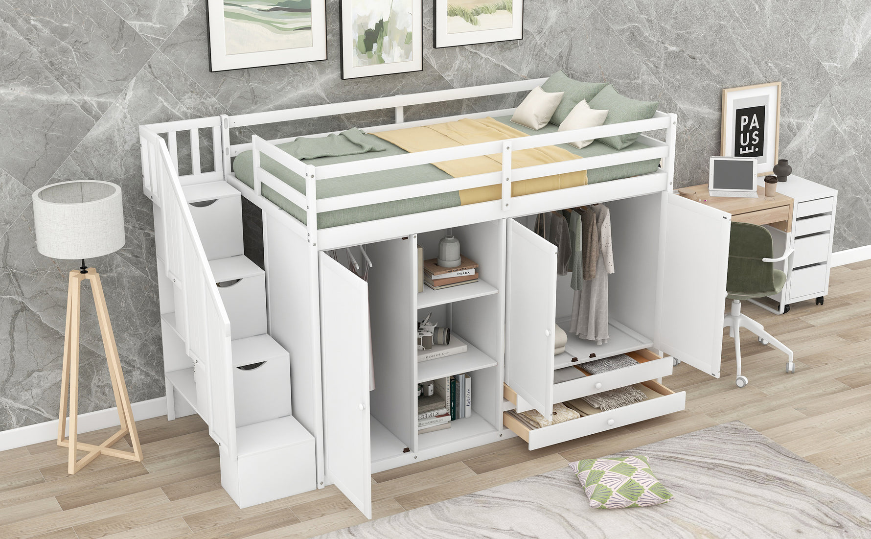 Literie functional en blanc avec lit mezzanine, 3 étagères, 2 armoires, 2 tiroirs et échelle avec rangement, sans sommier.