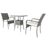 Ensemble de salon de jardin en rotin gris avec 3 pièces et coussins blancs, par eprolo, pour espace extérieur élégant.
