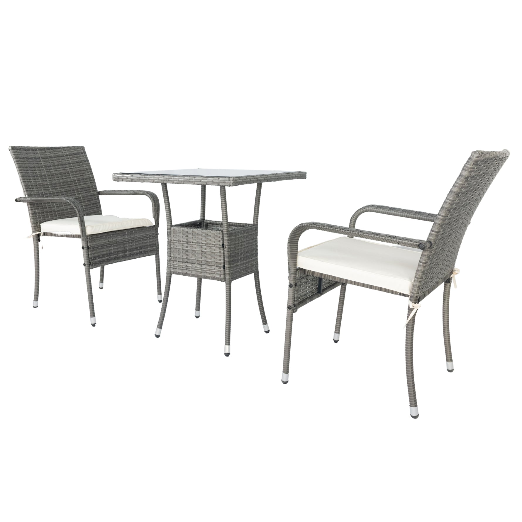 Ensemble de salon de jardin en rotin gris avec 3 pièces et coussins blancs, par eprolo, pour espace extérieur élégant.