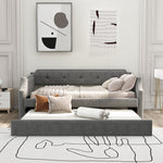 Canapé-lit rembourré avec tiroir de rangement, style moderne, structure en bois, tissu gris, confortable et pratique pour chambre.