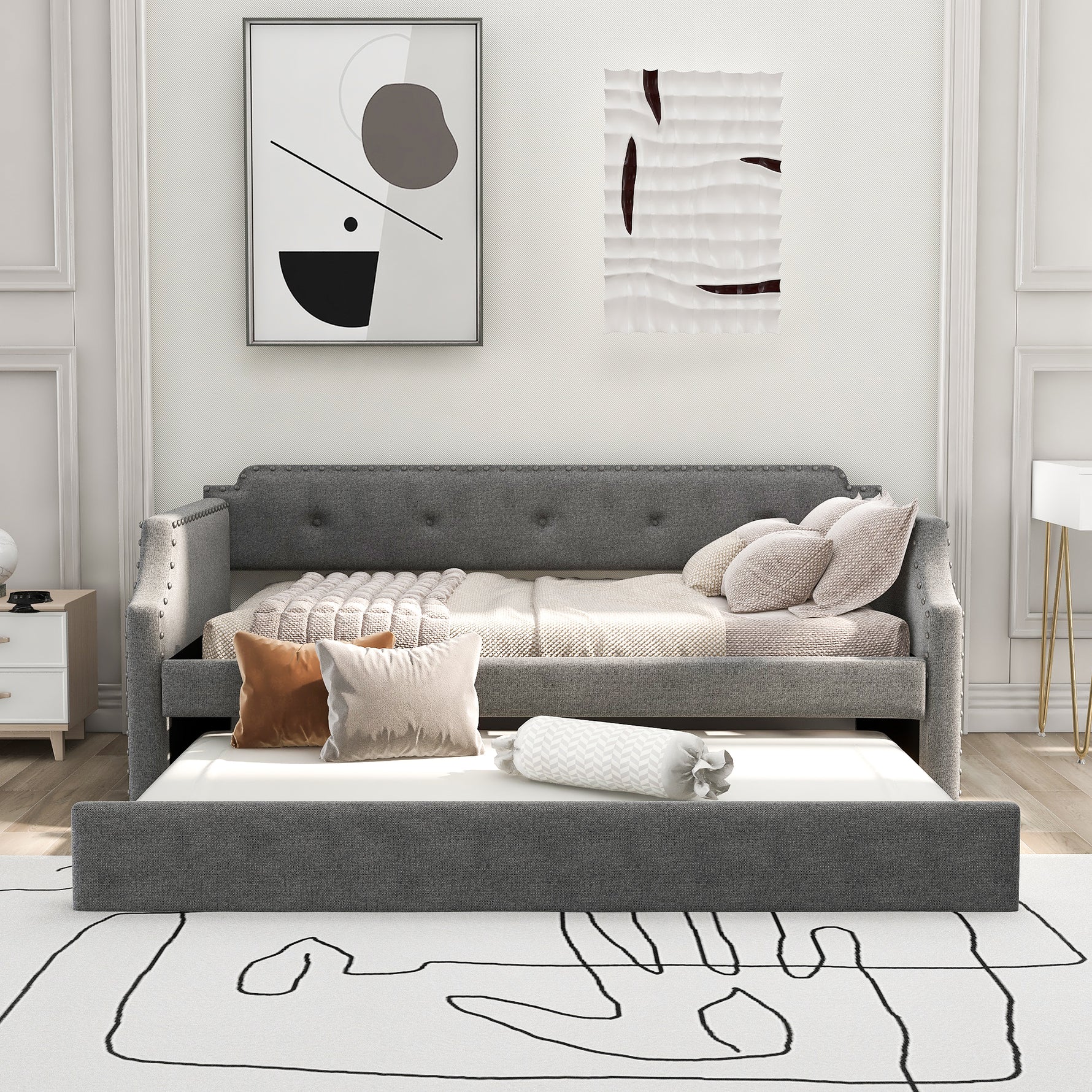 Canapé-lit rembourré avec tiroir de rangement, style moderne, structure en bois, tissu gris, confortable et pratique pour chambre.