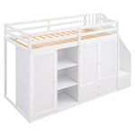 Lit mezzanine fonctionnel eprolo blanc avec 3 étagères, 2 armoires, 2 tiroirs et échelle avec rangement, sans sommier.