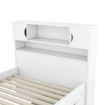 Cadre de lit plateforme double eprolo blanc avec rangements, étagères, bibliothèques et quatre tiroirs visibles sur l'image.