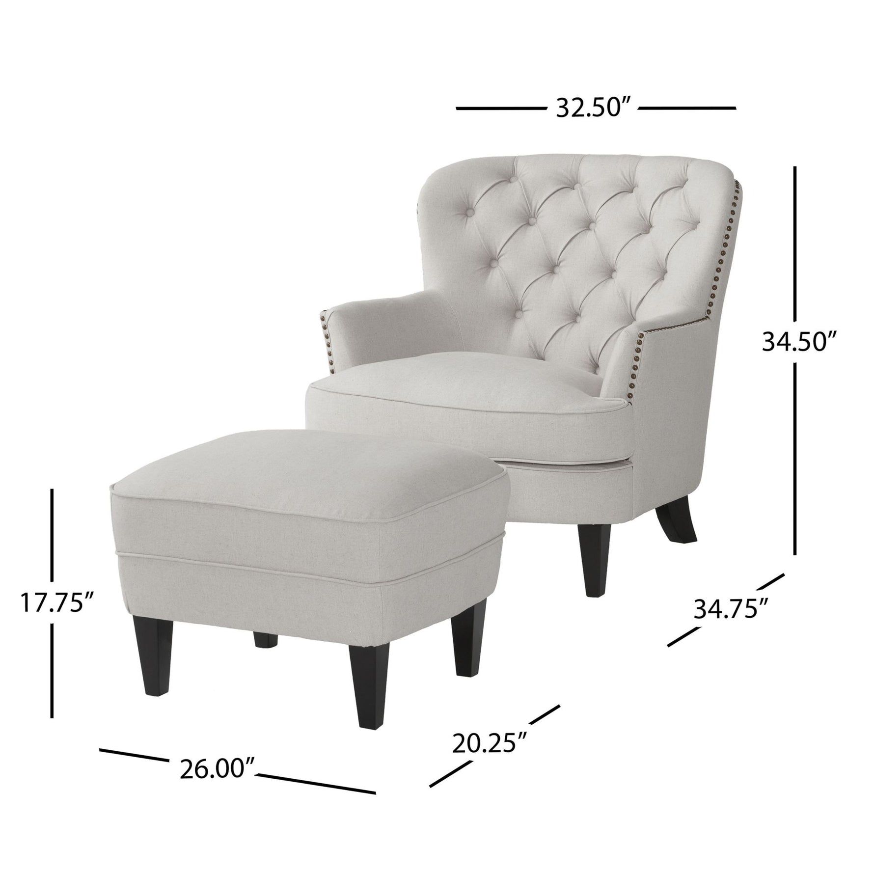 Fauteuil club moderne gris clair en tissu avec ottoman assorti, siège confortable et style élégant, par eprolo.