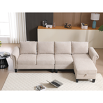 Canapé d'angle convertible en lin beige avec rangement, sofa quatre places moderne, modèle eprolo, design élégant et pratique.