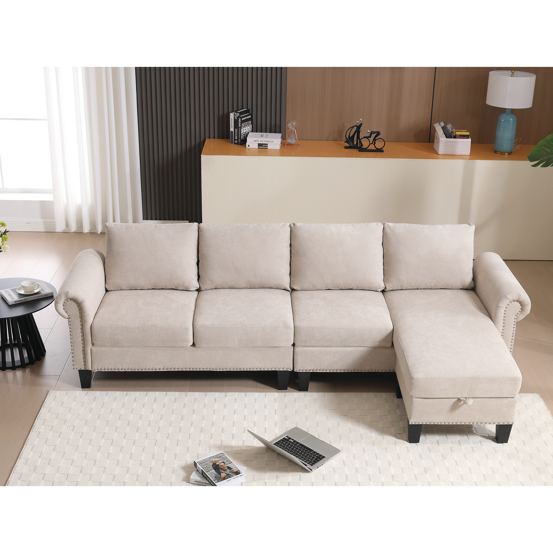 Canapé d'angle convertible en lin beige avec rangement, sofa quatre places moderne, modèle eprolo, design élégant et pratique.