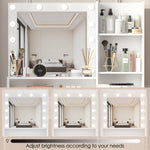 Bureau de maquillage eprolo avec miroir, éclairage intégré et surface en bois clair pour rangement et beauté.