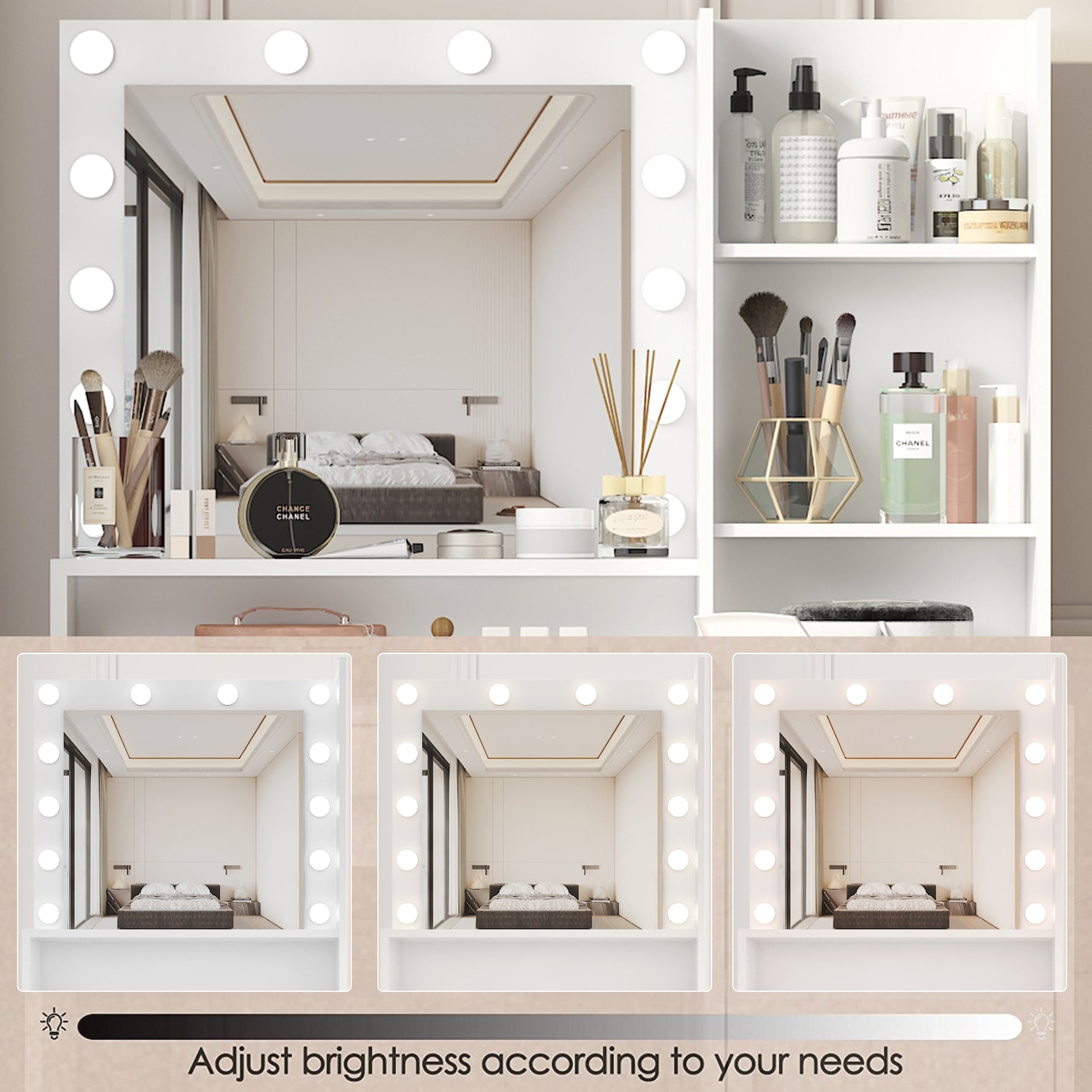 Bureau de maquillage eprolo avec miroir, éclairage intégré et surface en bois clair pour rangement et beauté.