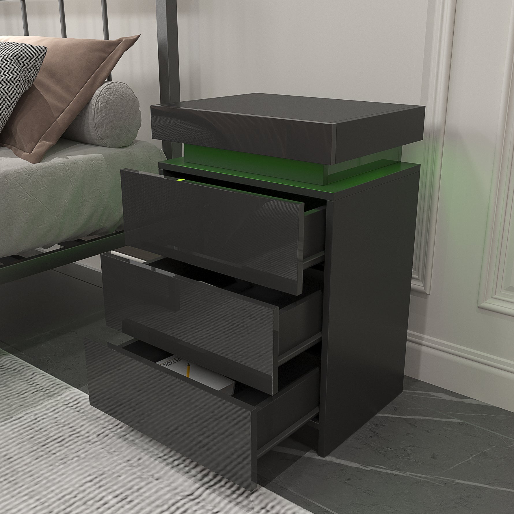 Table de chevet noire LED eprolo avec éclairage intégré, design moderne et finition élégante visible sur l'image.