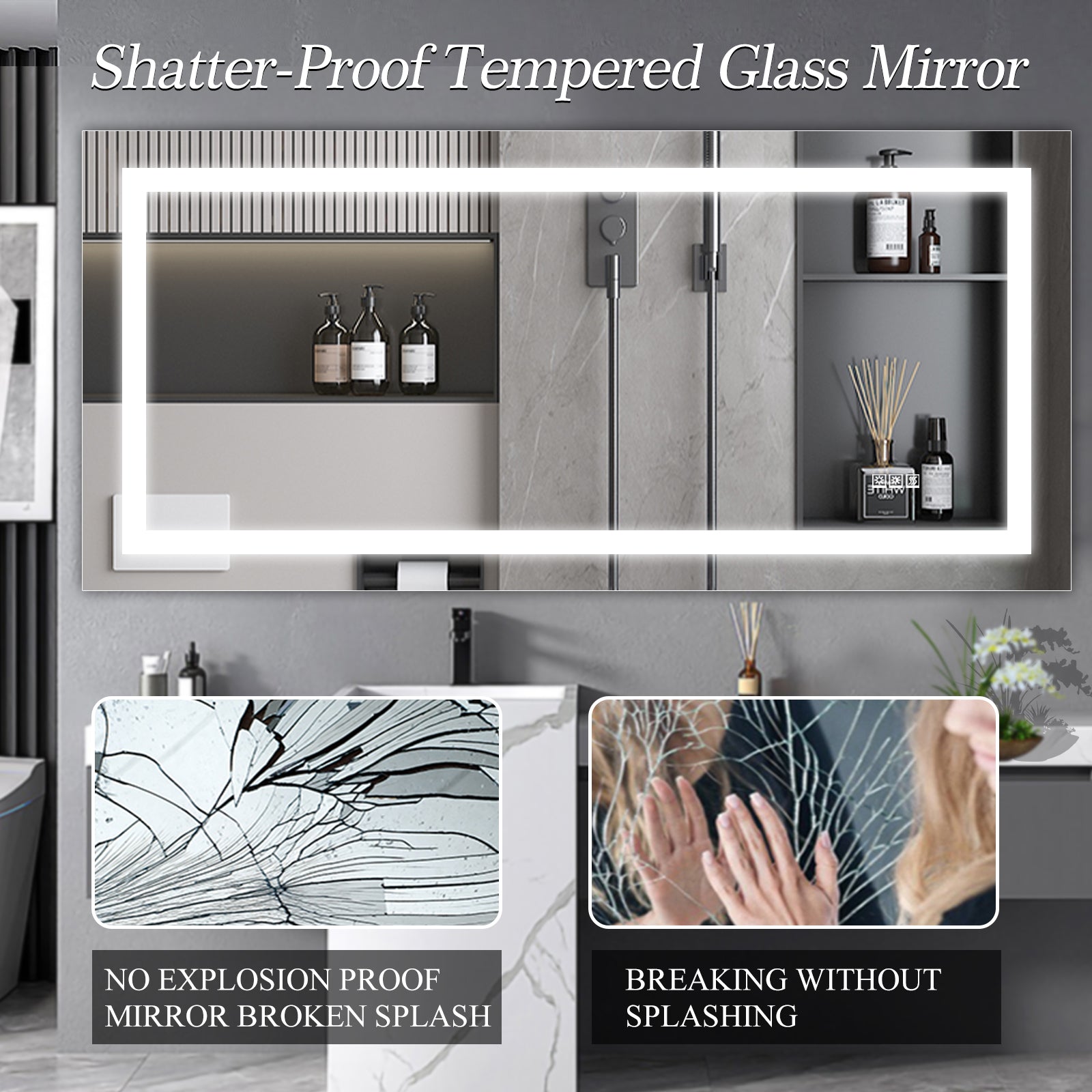 Miroir de salle de bain LED eprolo 72x36 pouces avec lumières, anti-buée et réglage de l'intensité lumineuse.