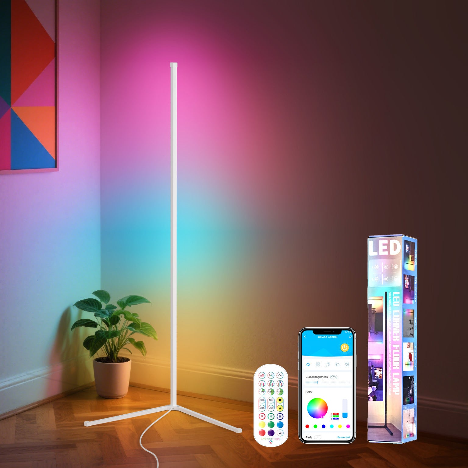 Lampe d'angle RGBIC eprolo, lampe d'ambiance à trois sections avec LED modernes, contrôlée par Bluetooth et commande vocale.