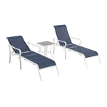 Ensemble de 3 chaises extérieures eprolo avec cadres en acier, dossiers réglables, assises blanches et bleues.