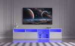 Console TV eprolo en bois moderne avec rangement, visible avec portes et étagères pour appareils électroniques.
