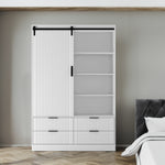 Armoire blanche eprolo avec porte coulissante, étagères ouvertes, tiroirs et barre de suspension pour rangement de chambre.