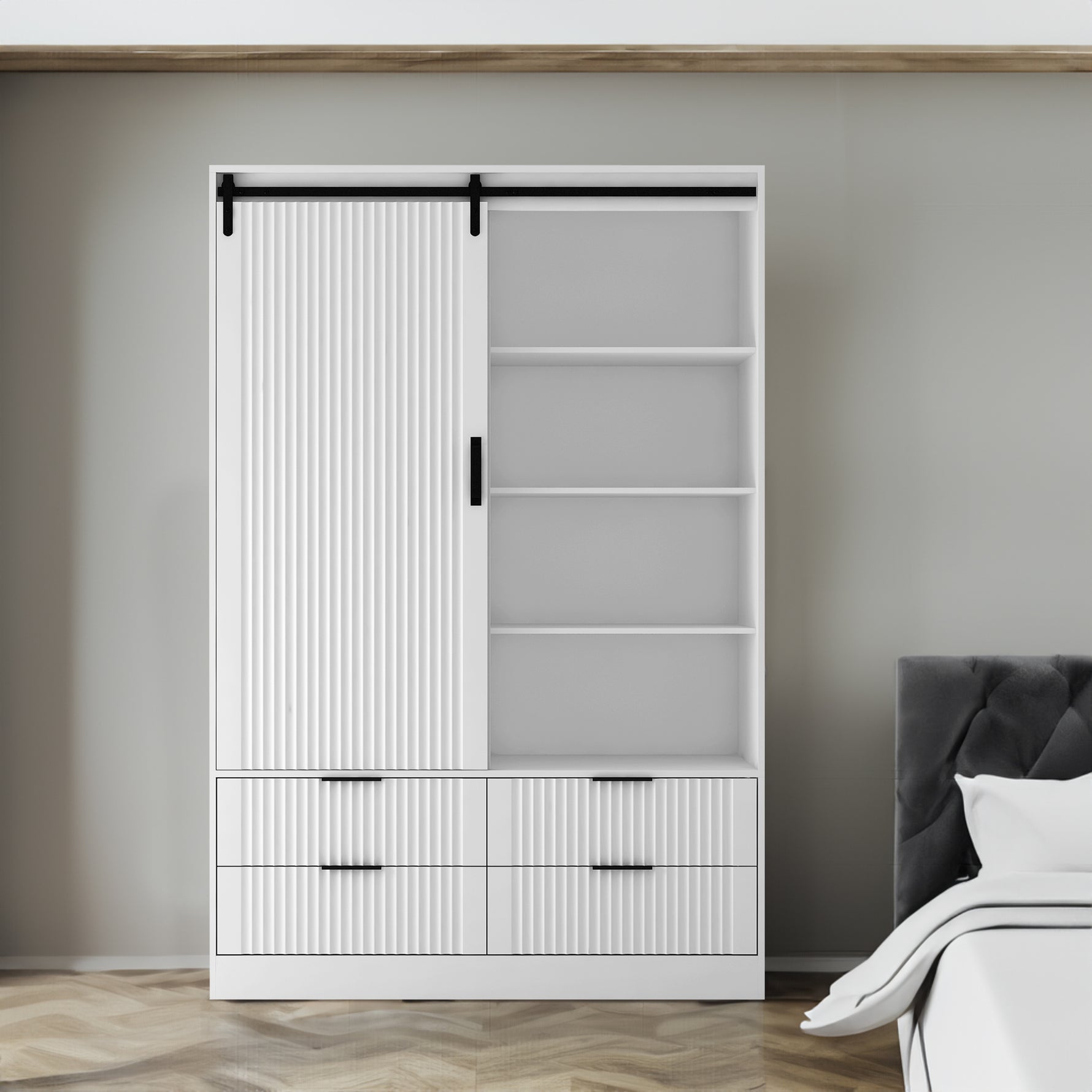 Armoire blanche eprolo avec porte coulissante, étagères ouvertes, tiroirs et barre de suspension pour rangement de chambre.