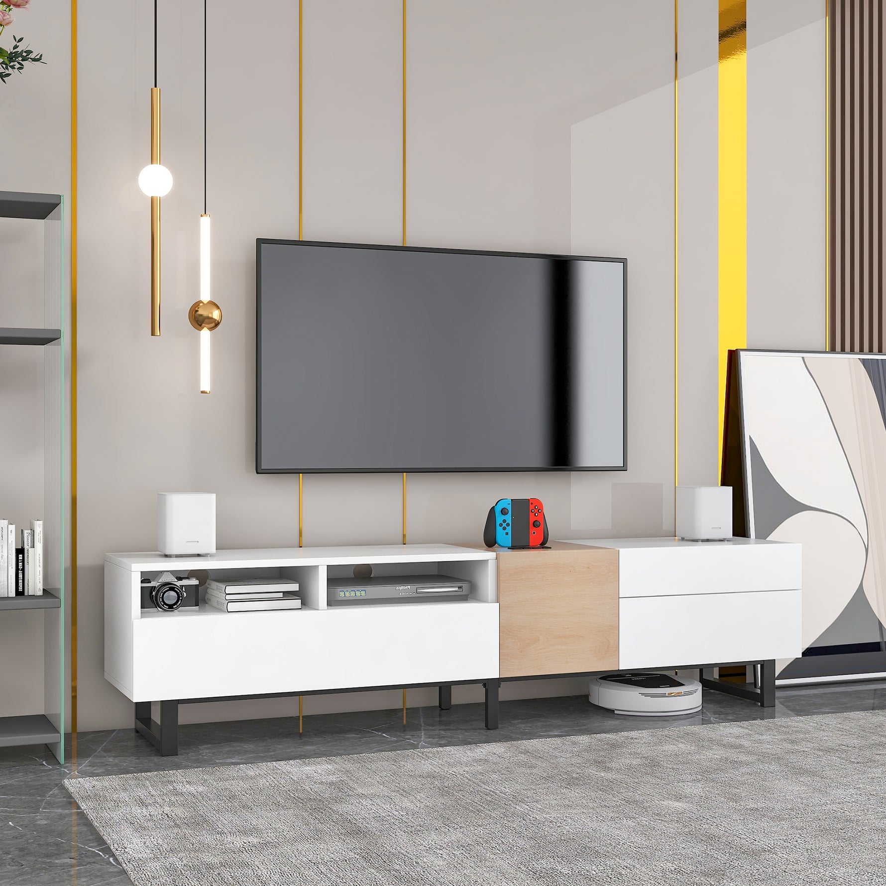 Meuble TV moderne en bois avec espace de rangement, design épuré, par eprolo, adapté pour salon contemporain.