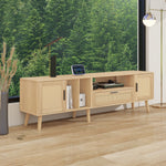 Support TV en bois eprolo, meuble TV moderne avec espace de rangement, vue de face avec porte en bois naturel.