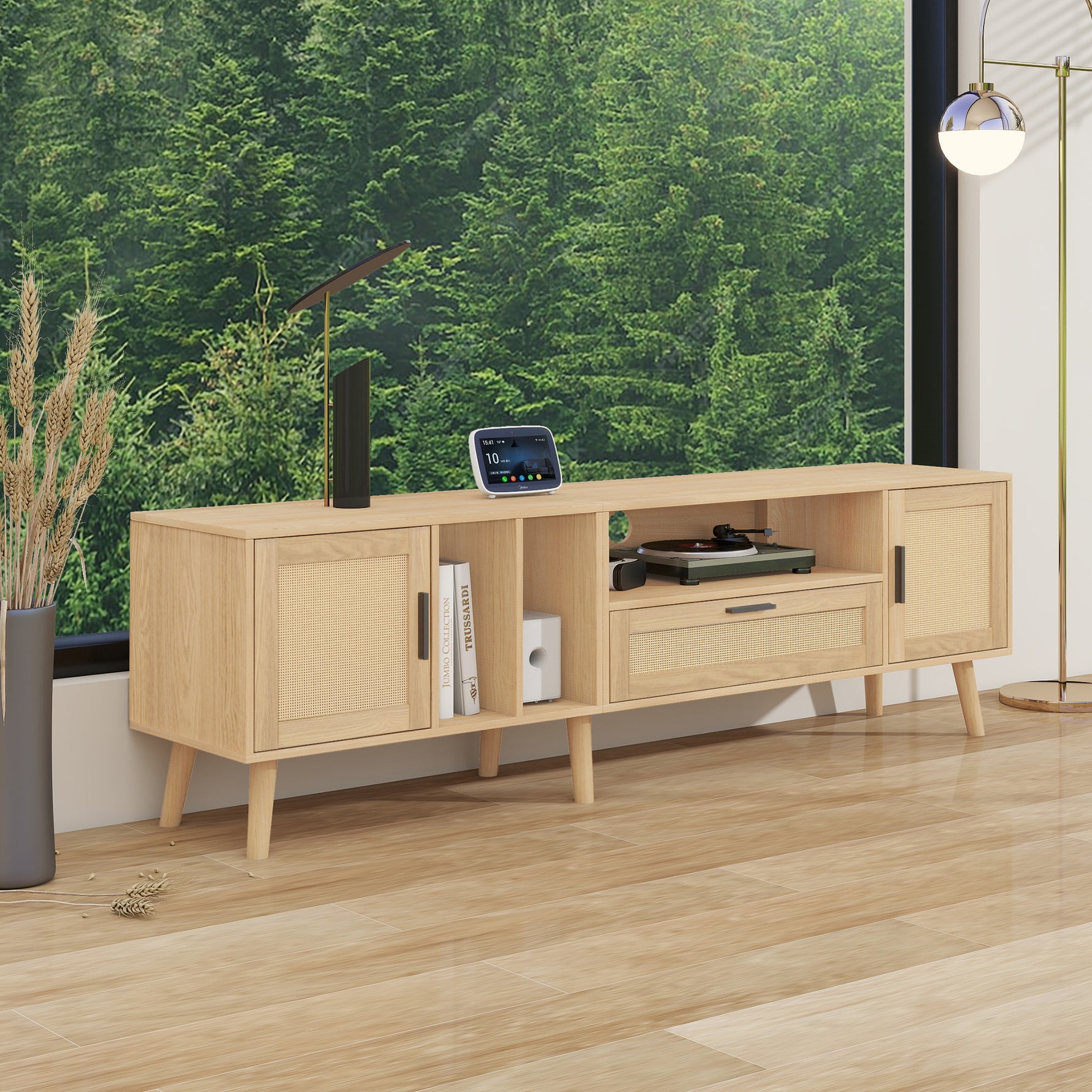 Support TV en bois eprolo, meuble TV moderne avec espace de rangement, vue de face avec porte en bois naturel.