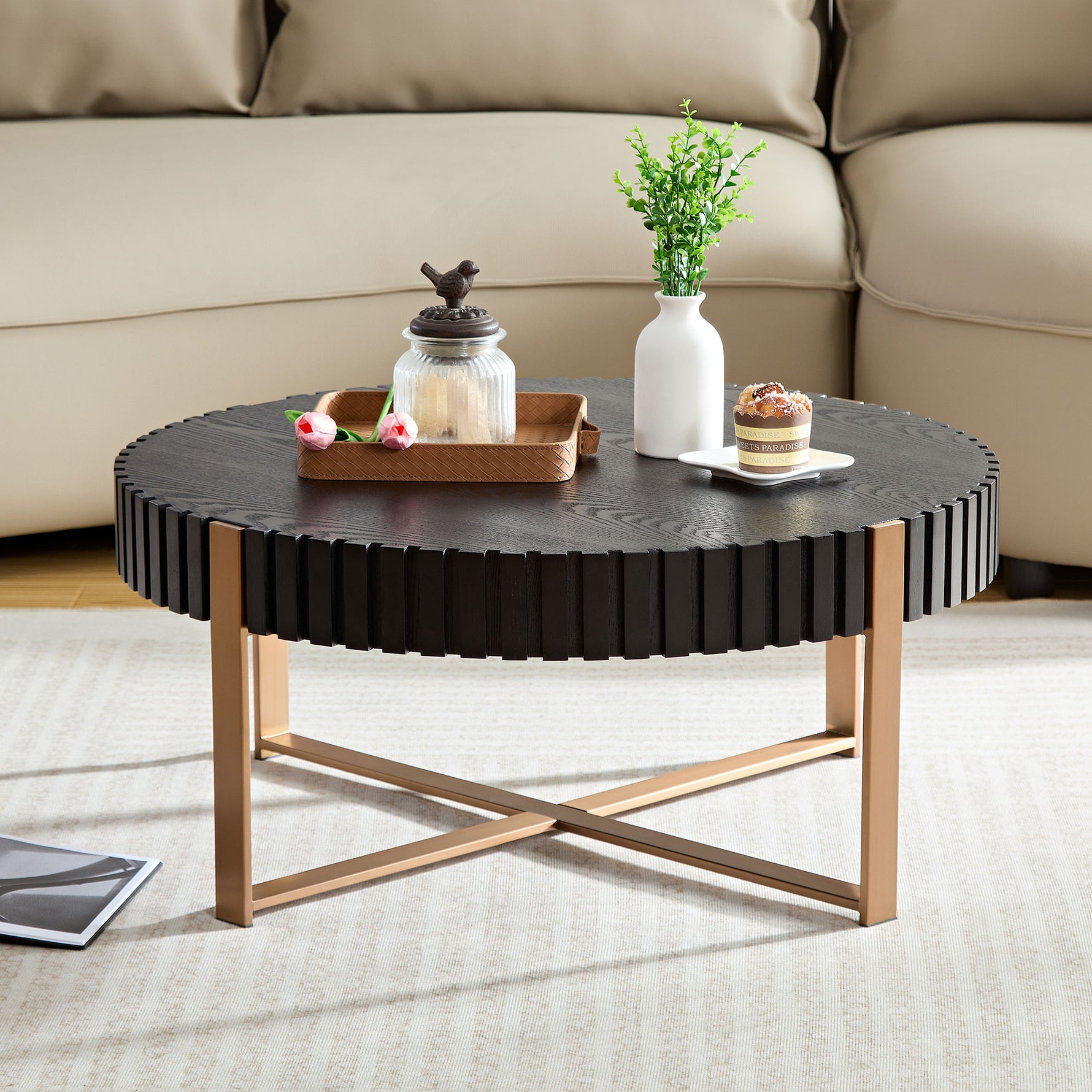 Table basse moderne en bois artisanal, rond de 31,5 pouces, avec piédestal robuste, finition noire pour salon.