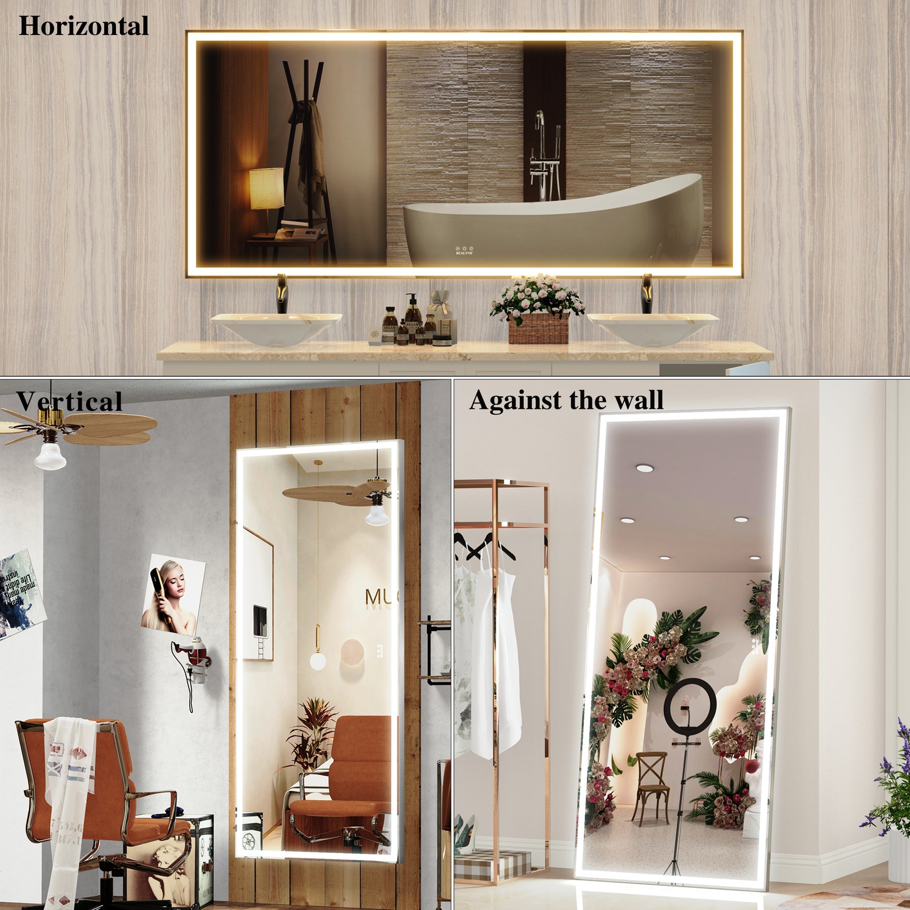Grand miroir LED pour salle de bain Eprolo, mural, avec cadre en aluminium, 3 modes de couleur, miroir corps entier.