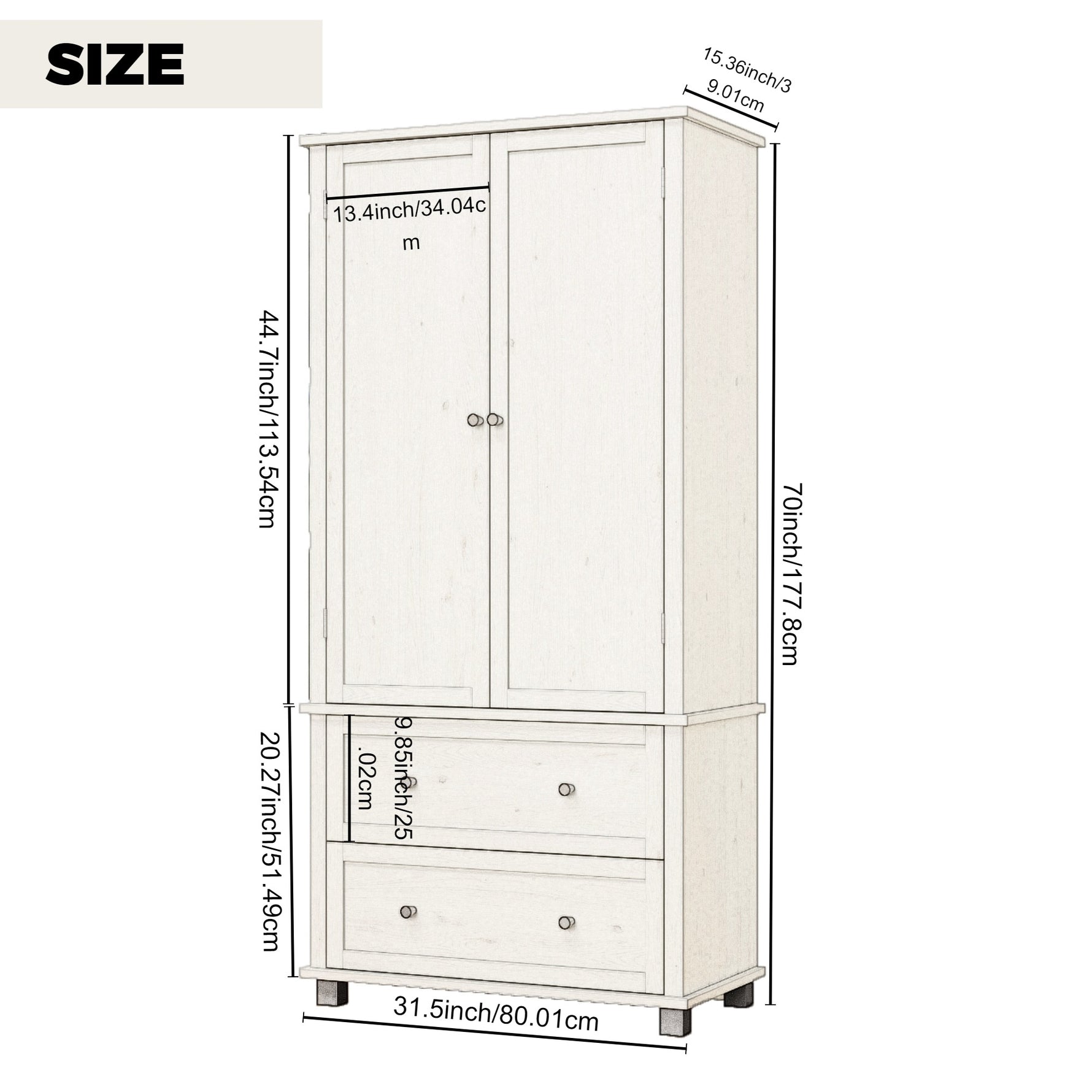Armoires de cuisine en blanc ancien de 70 pouces avec 2 tiroirs et 3 étagères, grand meuble de rangement eprolo