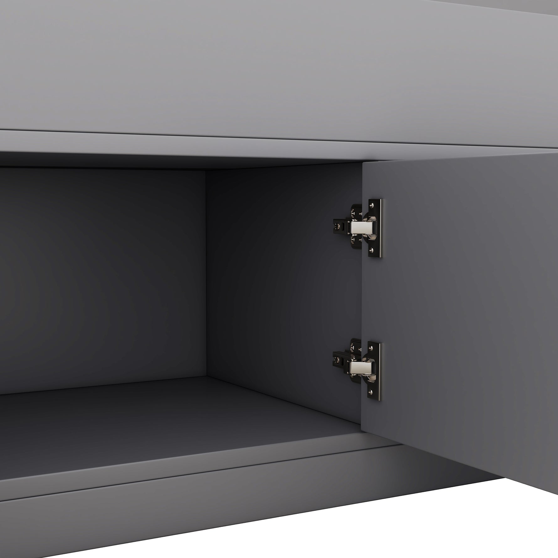 Cadre de lit double eprolo gris avec rangements, étagères et tiroirs, plateforme robuste avec espace de rangement intégré.