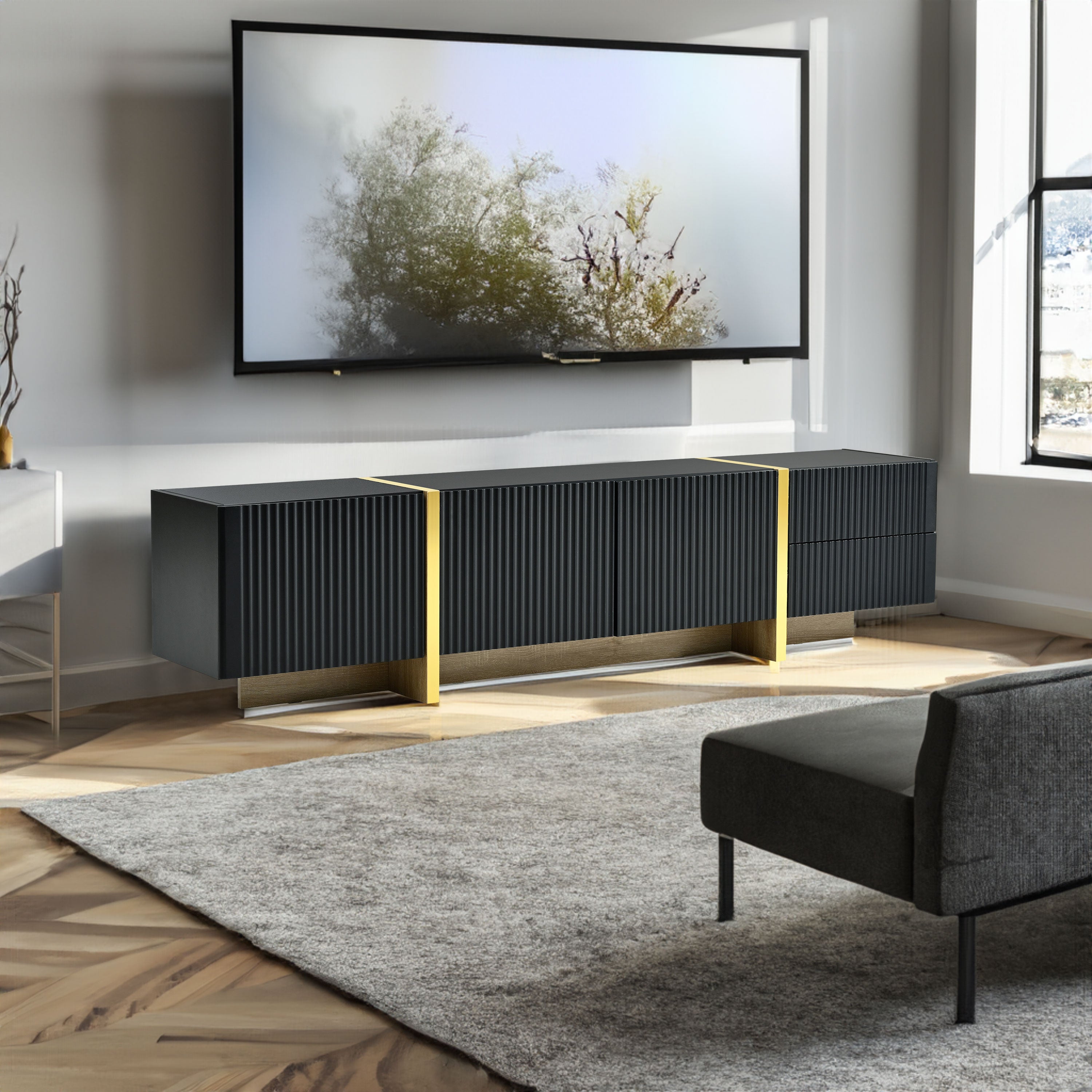 Meuble TV luxe noir avec rangements, pour téléviseurs jusqu'à 80 pouces, style moderne avec armoires et tiroirs eprolo