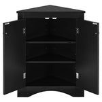 Meuble de rangement noir en triangle pour salle de bain avec étagères ajustables, meuble autoportant pour cuisine ou salle de bain.