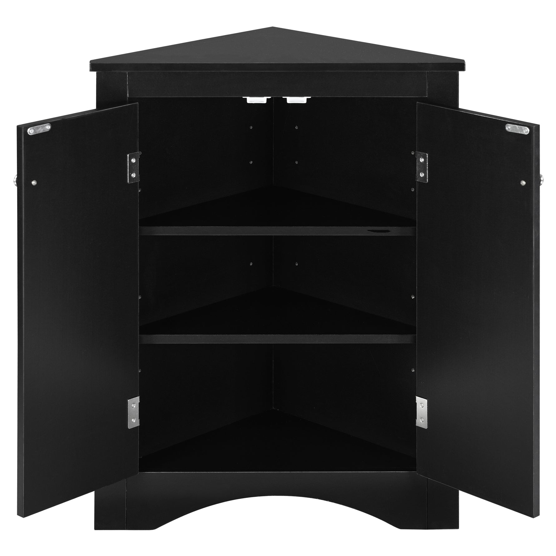 Meuble de rangement noir en triangle pour salle de bain avec étagères ajustables, meuble autoportant pour cuisine ou salle de bain.