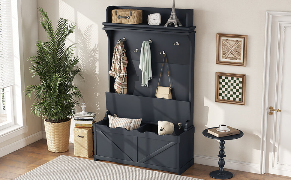 Palissade d'entrée eprolo avec bureau de rangement, 5 crochets, tiroirs et étagère en bleu foncé, pour organisation et décoration.