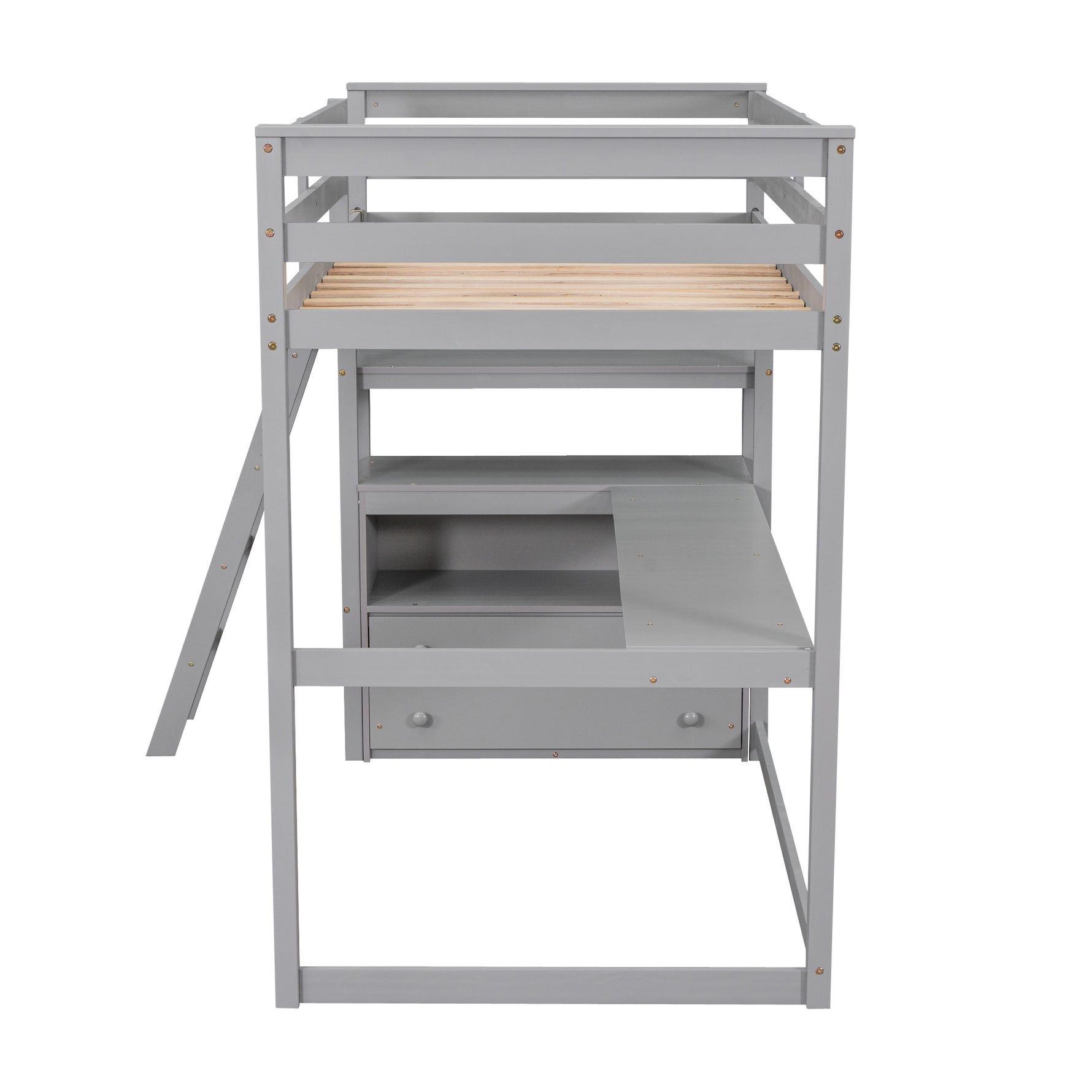 Lits superposés double avec bureau, étagères et tiroirs intégrés en gris, par eprolo, vue de l'ensemble avec espace de travail.