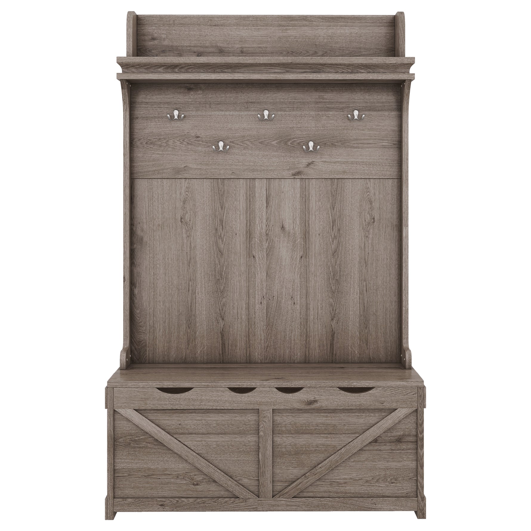 Armoire d'entrée en chêne avec bureau de rangement, 5 crochets, tiroirs et étagère de style moderne, par eprolo