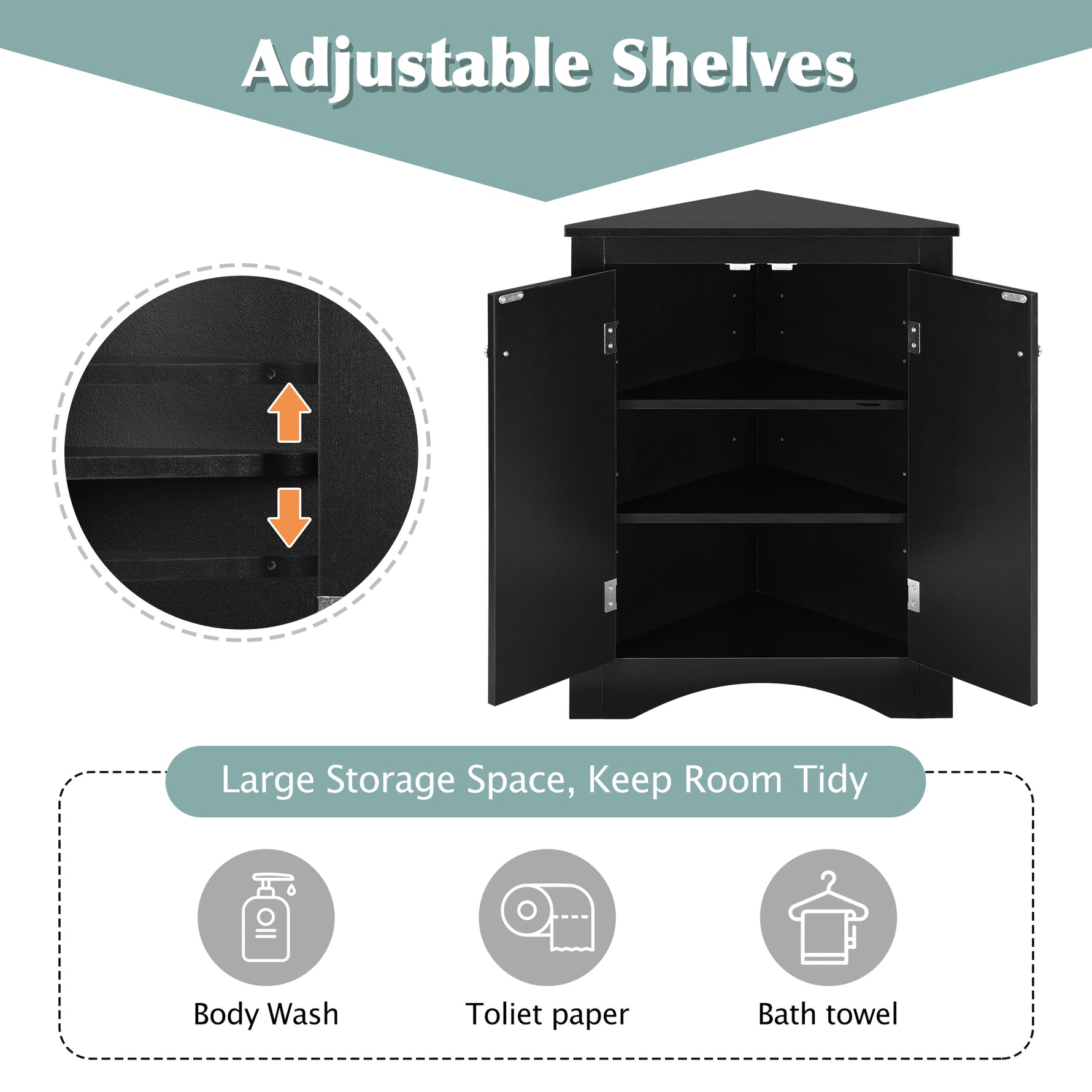 Armoire de rangement pour salle de bain noire en forme de triangle avec étagères ajustables, meuble autoportant pour cuisine et maison.