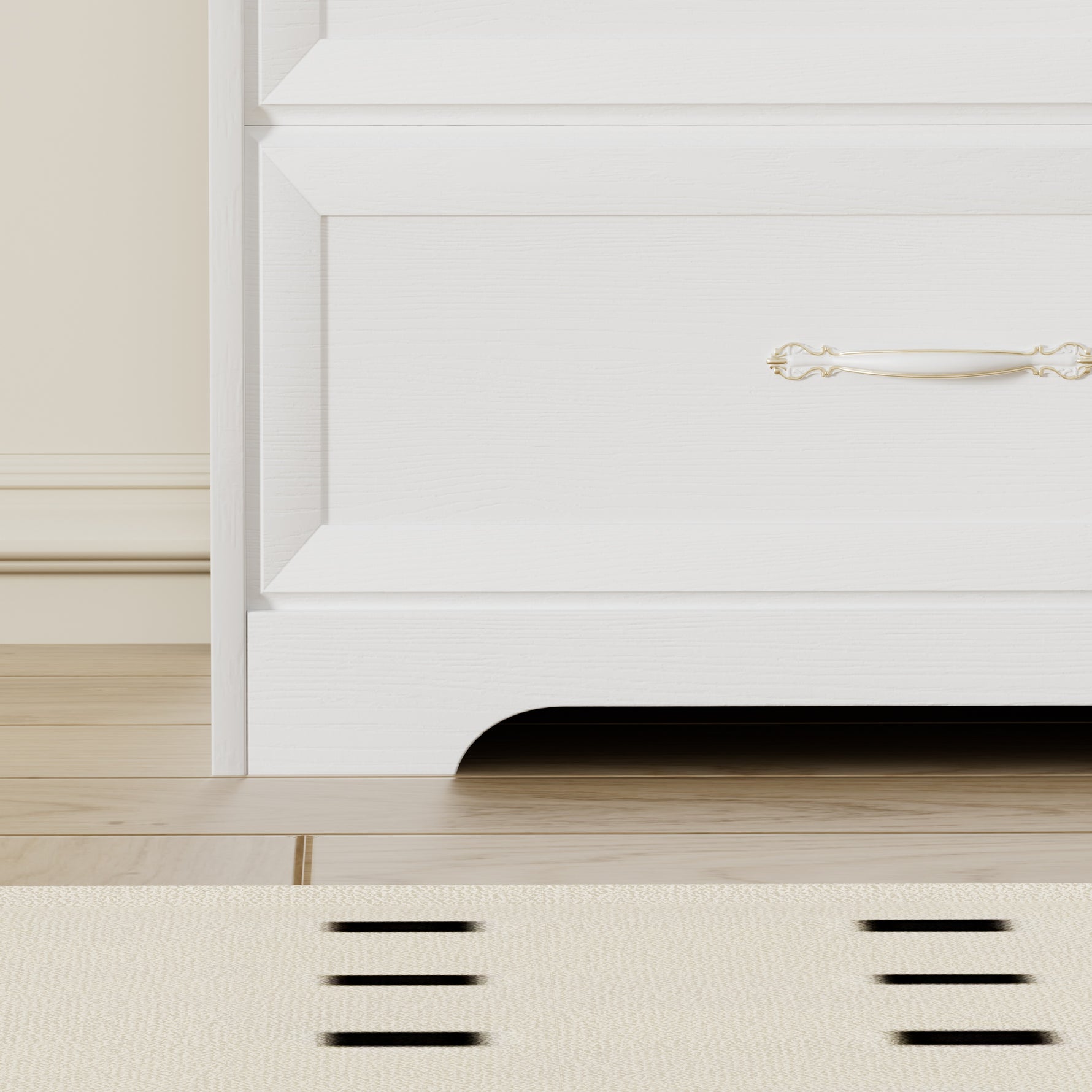 Commode chambre moderne blanche à 3 tiroirs avec poignées métalliques, dimensions 47,6" x 15,7" x 26,6", organisateur de vêtements.